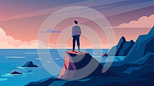 A man standing on a rocky cliff looking out at the ocean and feeling a sense of inner peace wash over him.. Vector