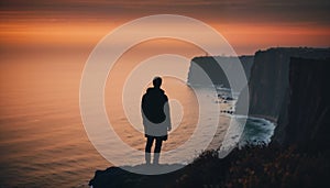 Man standing on a rocky cliff by the ocean at twilight, AI-generated.