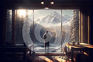 A man standing in a room behind a huge panoramic window at sunrise. Looking at a calm frozen winter forest, snowy big mountains
