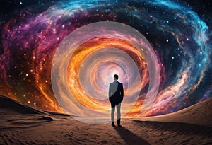 Man standing in sandy terrain, with a multicolored spiral vortex in the background, AI-generated.