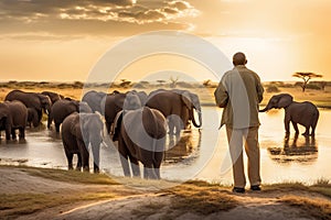 A man standing in savannah and looking at group of elephants generative AI