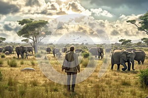 A man standing in savannah and looking at group of elephants generative AI