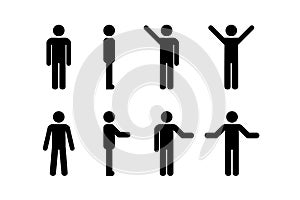 Man standing set, stick figure human. Vector illustration, pictogram of different human