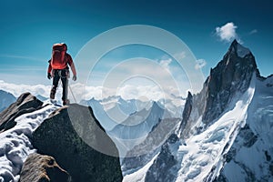 Man Standing on Snowy Mountain Summit