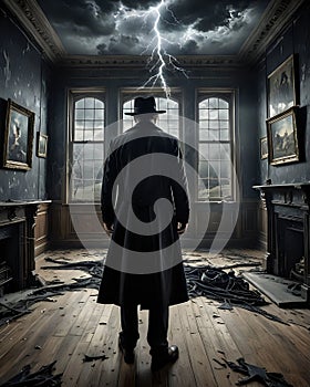 Man standing in spooky old house during lightning strike