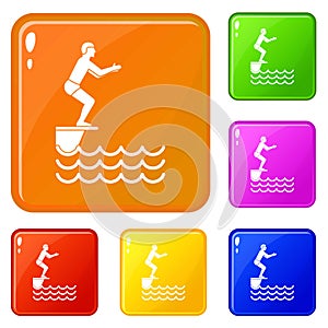 Man standing on springboard icons set vector color