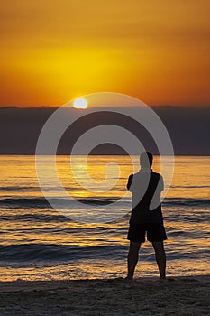 Man Standing Sunrise Sunset Beach Contemplation