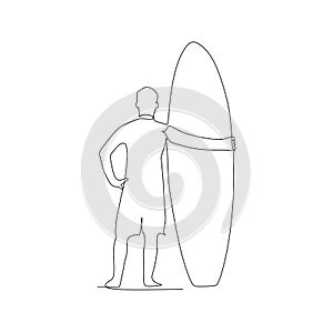Man standing beside the surfboard - vector illustration