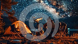 Man Standing by Tent Under Starry Night Sky