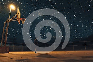 Man Standing on Top of Basketball Court Under Starry Sky, A lone basketball player practicing shots on a deserted court, beneath a