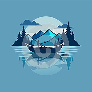 A man standing on top of a boat floating on the water, A lone canoe drifting on a glassy lake, minimalist simple modern vector