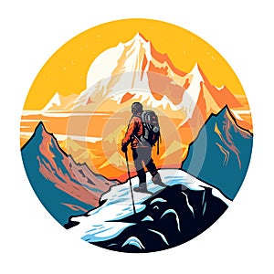 Man standing on top of cliff at sunset. High mountain hiking and trips to the countryside. cartoon vector illustration, isolated