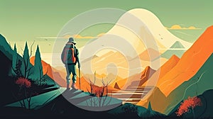 a man is standing on top of a hill and watching a beautiful landscape, modern hiking illustration, ai generated image