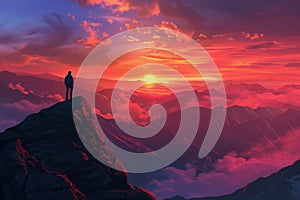 A man standing on top of a mountain as the sun sets. Goals and achievements concept photo composite