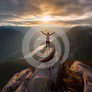 Man standing on top of mountain with his arms outstretched