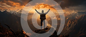 Man standing on top of a mountain with his arms raised and looking into the distance