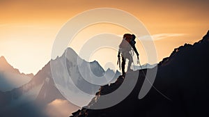 A man standing on top of a mountain with his backpack, AI