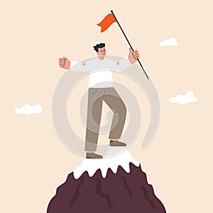 Man is standing on the top of a mountain and holds a winner flag. Goal achievement concept. Winner, success. Business reaching