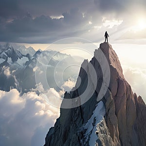 Man standing on top of a mountain and looking on impressive skies.