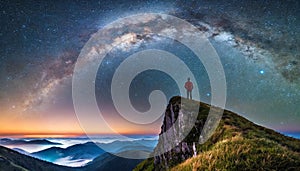 Man standing on the top of the mountain and looking at the milky way.