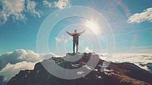 Man standing on top of a mountain and looking at the sun.