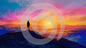 Man standing on top of a mountain and looking at the sunset.