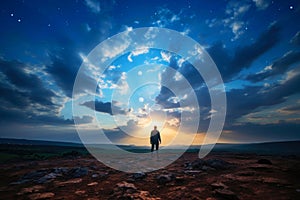 Man standing on top of a mountain and looking at the sunset.