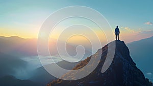 A man standing on top of a mountain with the sun setting in front, AI