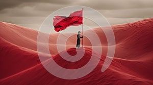 A man standing on top with red flag. Leadership concept. Generative AI. Illustration for banner, poster, cover, brochure or