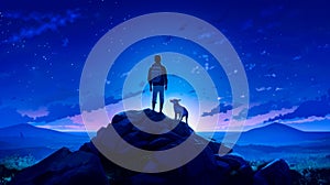 Man standing on top of rock with his dog looking at the stars. Generative AI