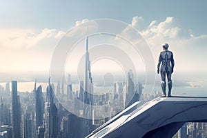 Man standing on top of skyscraper over futuristic cityscape. Generative AI illustration