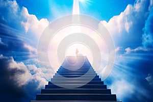 Man standing on top of stairway leading to star of light. Generative AI