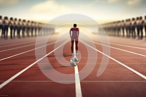 A man standing on a track with a soccer ball in front of him, Runner on the starting line of a relay race, AI Generated