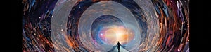 A man standing in a tunnel with a sky background. Generative AI image.