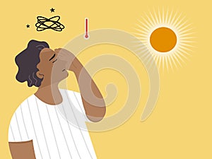 A man standing under sun light on hot weather and having dizzy and chest pain. sunstroke concept. flat.