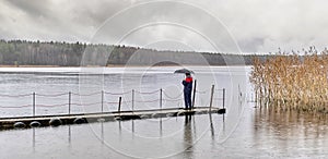 Man standing under umbrella on wooden pier on autumn rainy gray day over of backdrop of lake and forest.