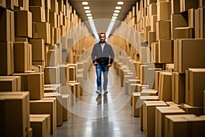 Man Standing in Warehouse Full of Boxes.