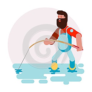 Man standing in water and caching a fish