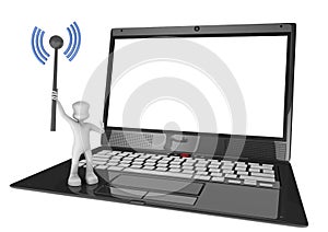 Man standing with wifi antenna and laptop on blank screen