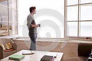 Man Standing At Window And Looking At Beautiful Beach View