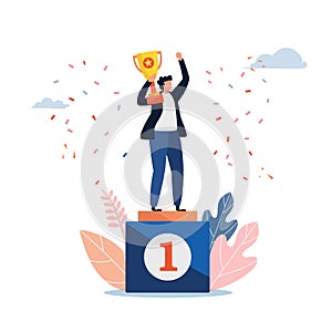 The man standing on a winners pedestal with a golden cup. People vector illustration. Flat cartoon character graphic design.