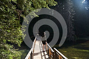 Man standing on the woodbridge in the forest on Black lake in Zabljak, Montenegro