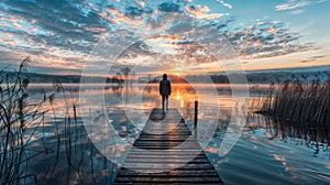 Man standing on a wooden jetty in a lake at sunrise