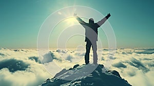A man stands atop a mountain with his arms raised in victory above the clouds