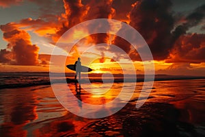 A man stands on the beach, firmly holding a surfboard in his hands, A lone surfer silhouetted against a vivid, tropical sunrise,