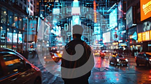 A man stands on a busy city street using a holographic projection to track his daily spending and make adjustments on photo