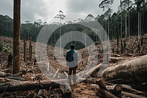 A man stands in the center of a deforested area surrounded by trees