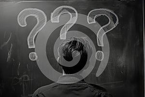 Confused Man Facing Chalkboard with Big Question Marks