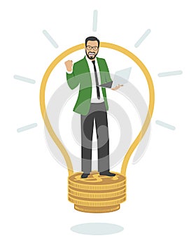 A man stands on coins and rejoices at success in business. The man in the light bulb. Time is money. Flat design.