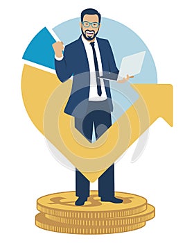 A man stands on coins and rejoices at success in business. Time is money. Flat design.